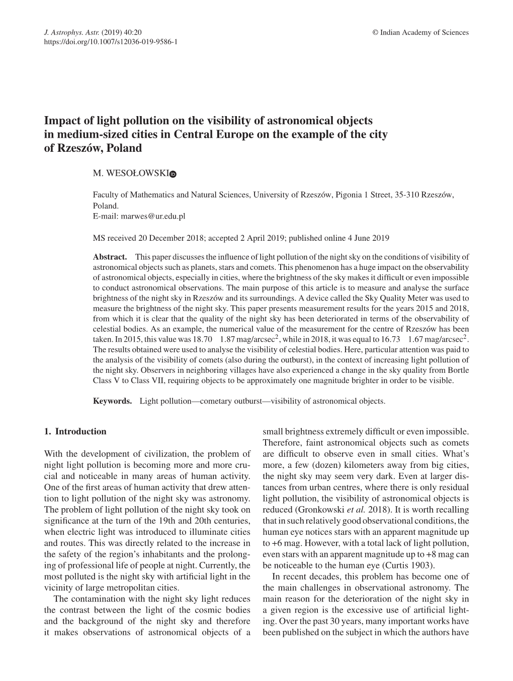 Impact of Light Pollution on the Visibility of Astronomical Objects in Medium-Sized Cities in Central Europe on the Example of the City of Rzeszów, Poland