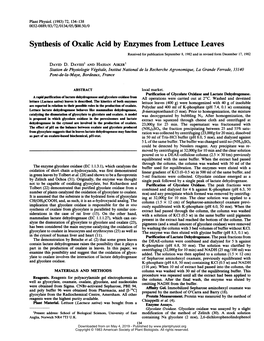 Synthesis of Oxalic Acid by Enzymes from Lettuce Leaves Received for Publication September 8, 1982 and in Revised Form December 17, 1982