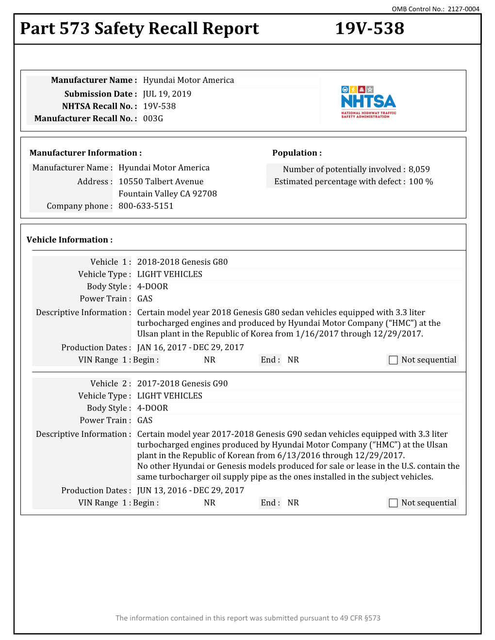 Part 573 Safety Recall Report 19V-538