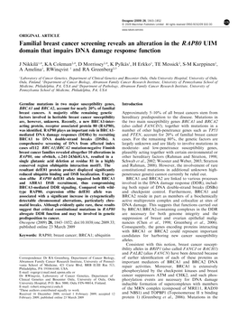 Familial Breast Cancer Screening Reveals an Alteration in the RAP80 UIM Domain That Impairs DNA Damage Response Function