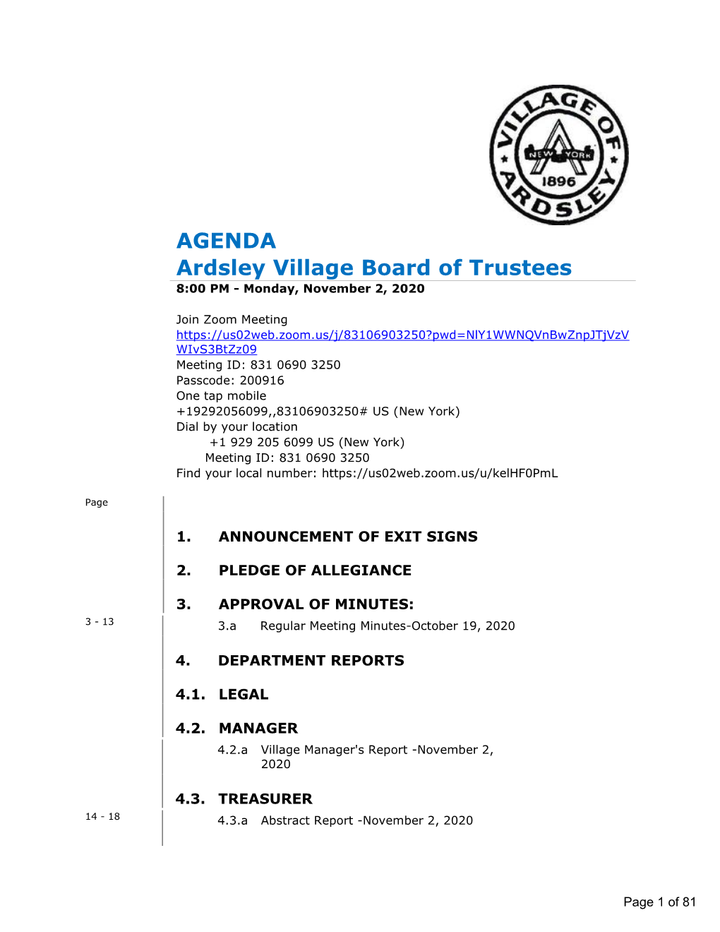 Ardsley Village Board of Trustees 8:00 PM - Monday, November 2, 2020