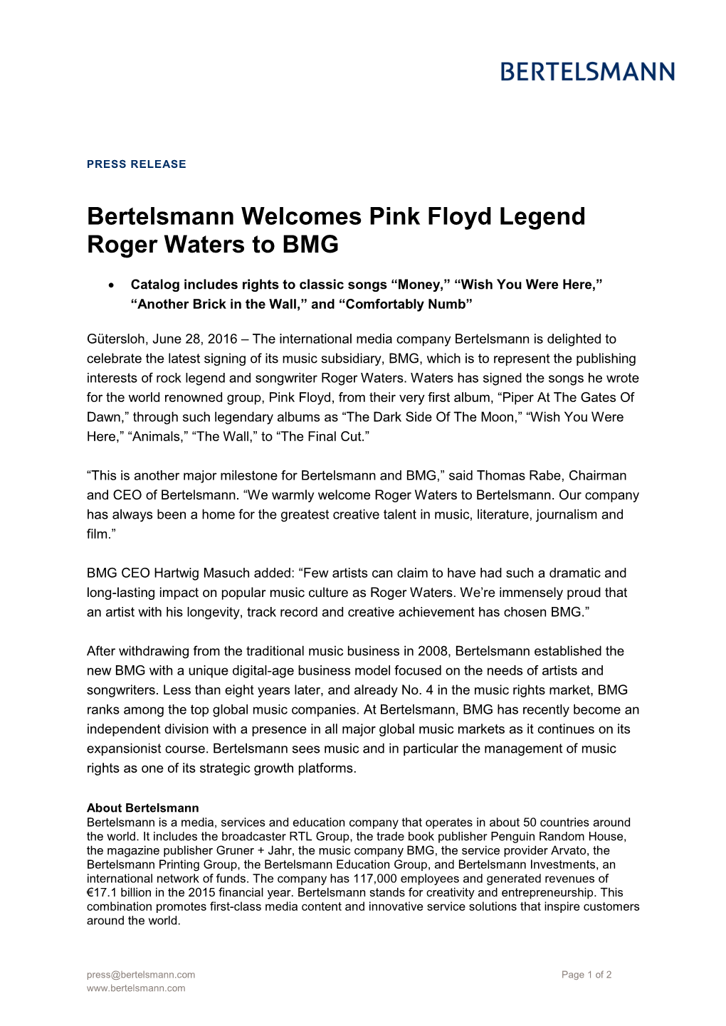 Bertelsmann Welcomes Pink Floyd Legend Roger Waters to BMG