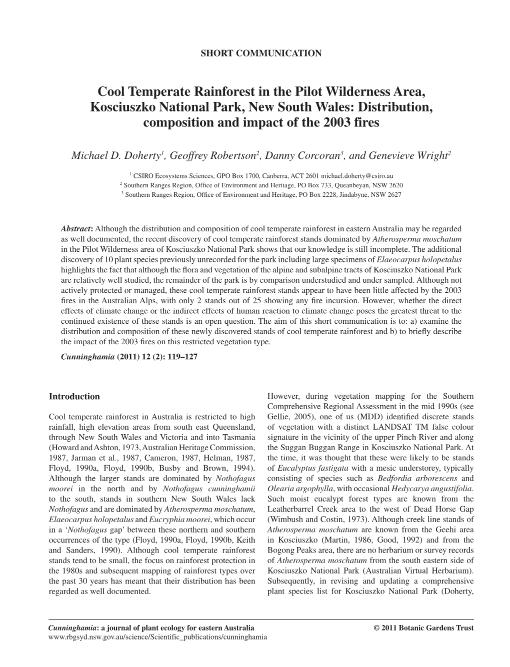 Cool Temperate Rainforest in the Pilot Wilderness Area, Kosciuszko National Park, New South Wales: Distribution, Composition and Impact of the 2003 Fires