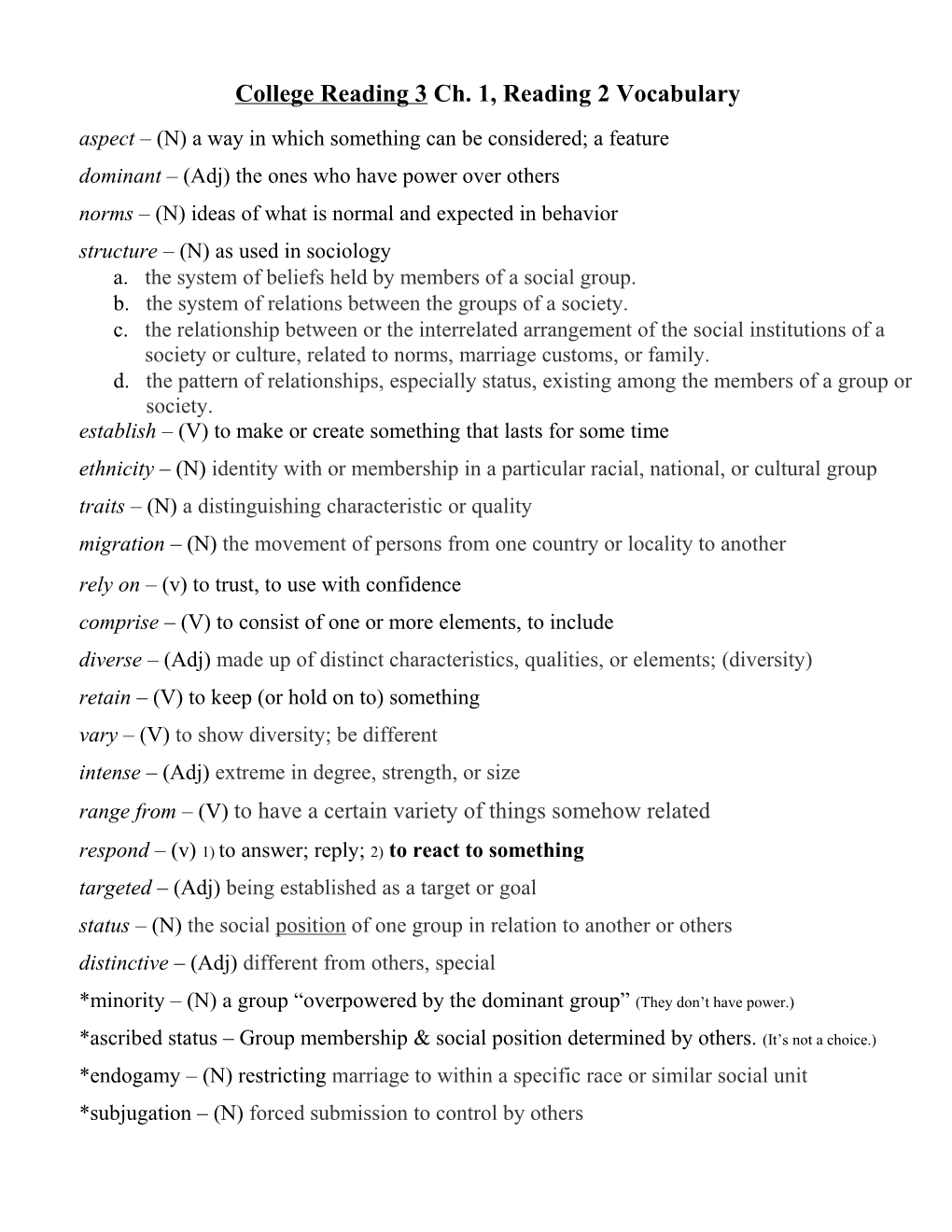 College Reading 3 Chapter 1, Reading 1 Vocabulary Practice