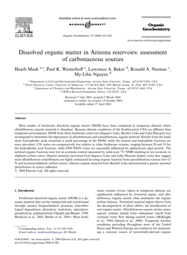 Dissolved Organic Matter in Arizona Reservoirs: Assessment of Carbonaceous Sources
