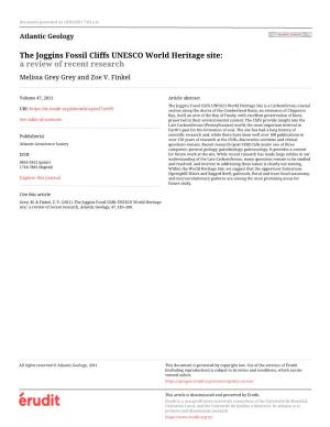 The Joggins Fossil Cliffs UNESCO World Heritage Site: a Review of Recent Research Melissa Grey Grey and Zoe V