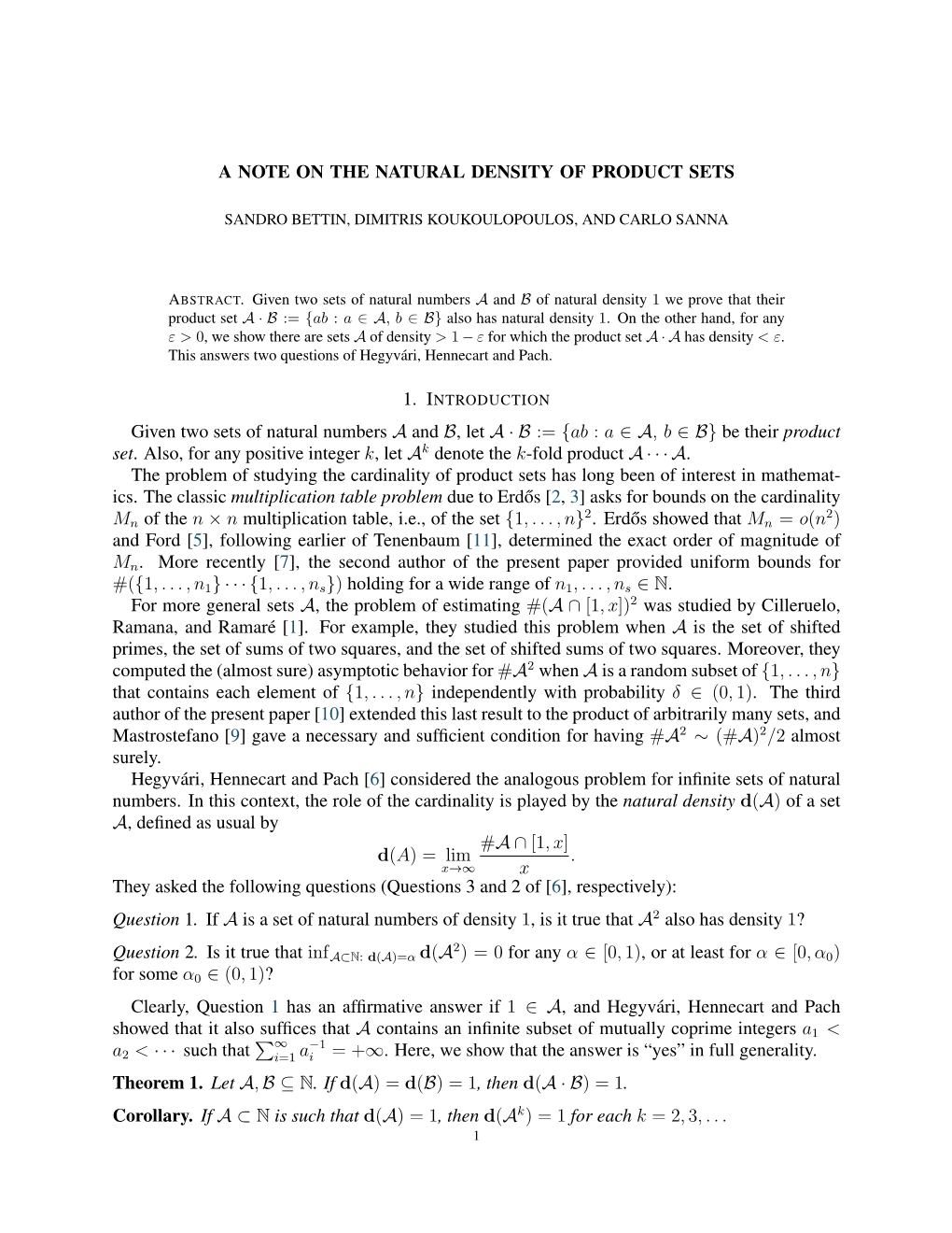 A Note on the Natural Density of Product Sets