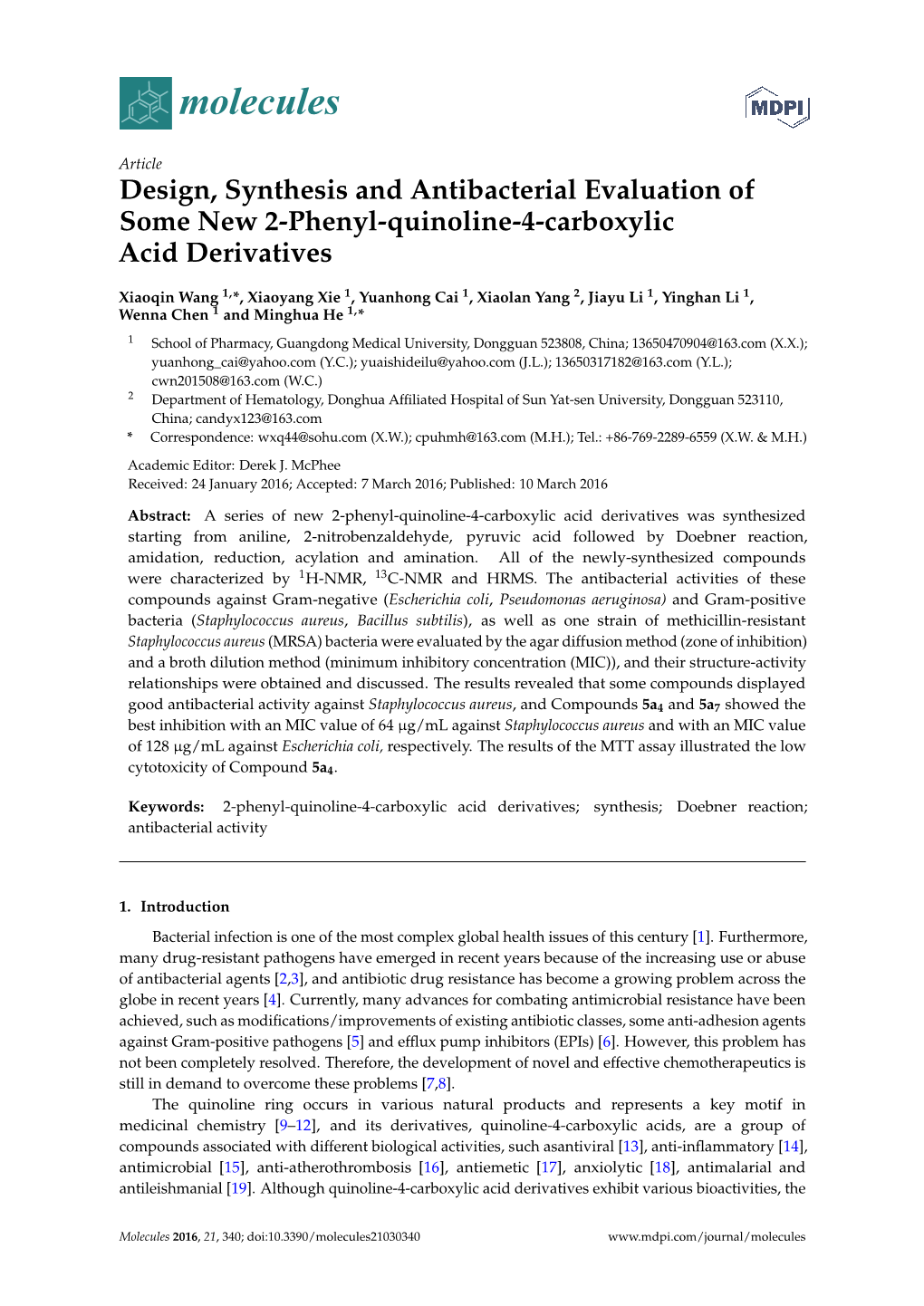 Design, Synthesis and Antibacterial Evaluation of Some New 2-Phenyl-Quinoline-4-Carboxylic Acid Derivatives