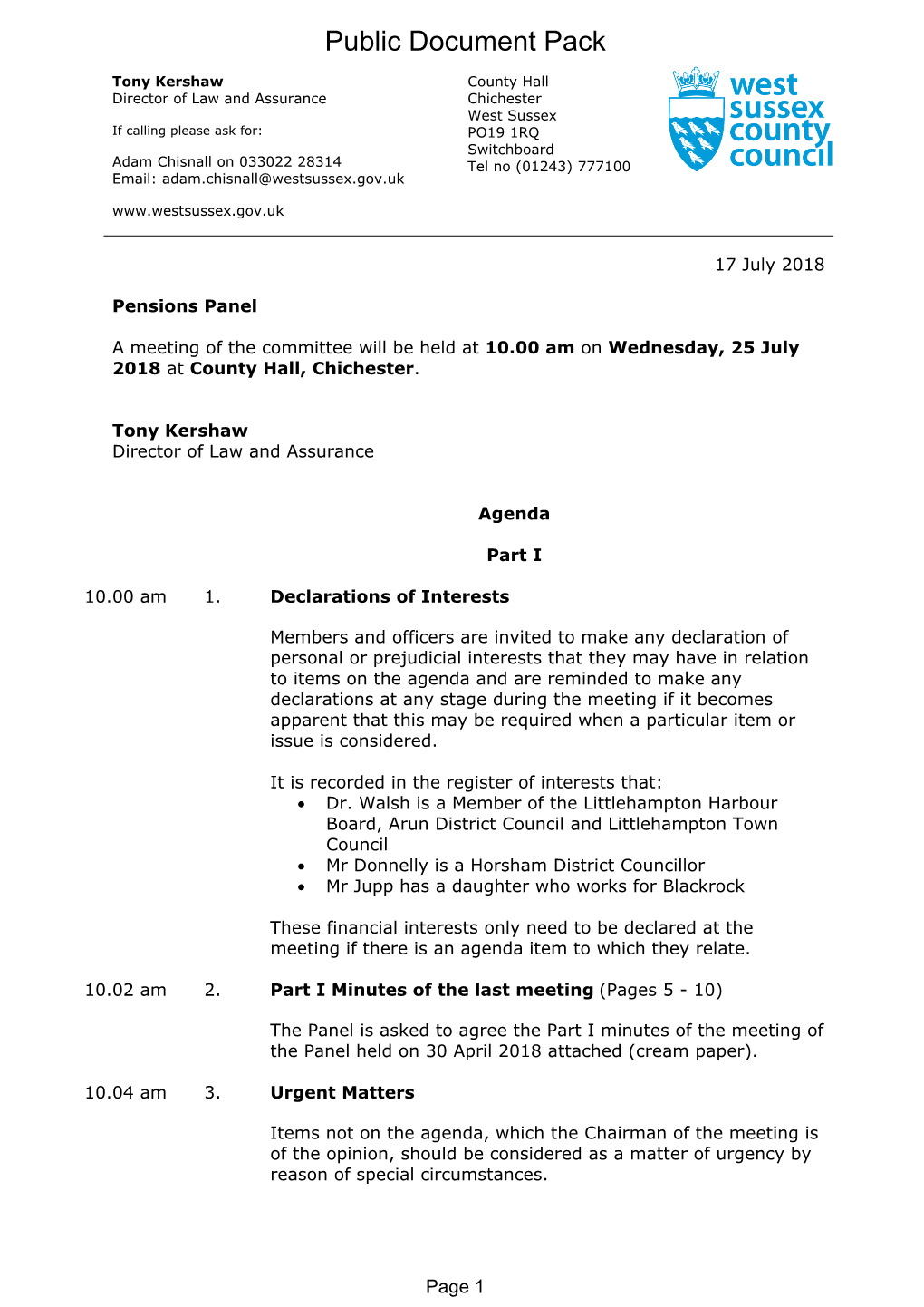 (Public Pack)Agenda Document for Pensions Panel, 25/07/2018 10:00