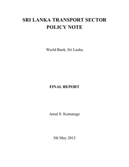 Sri Lanka Transport Sector Policy Note