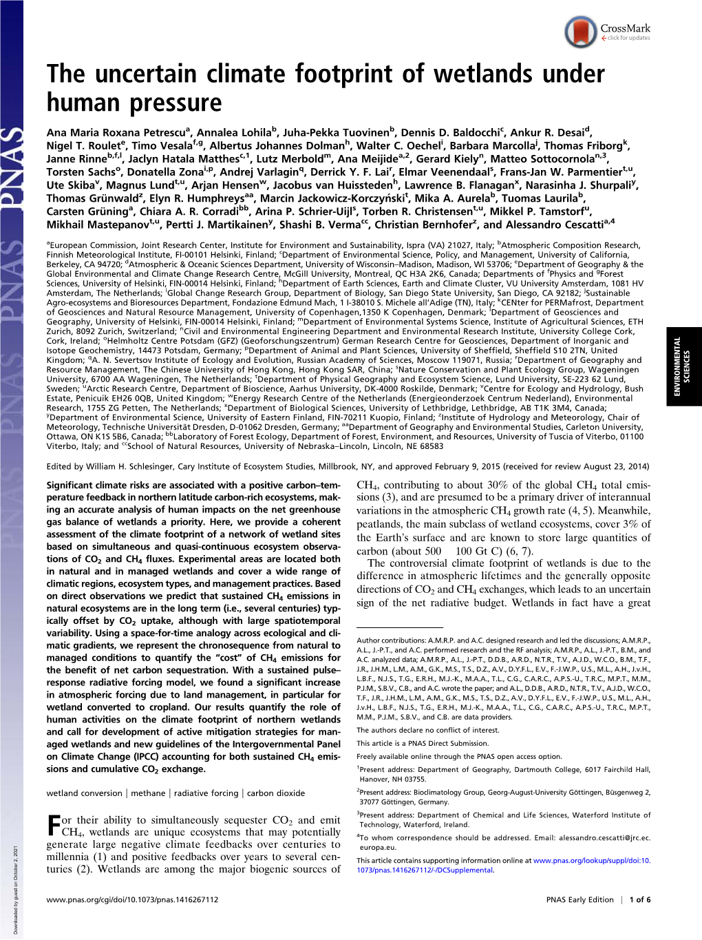 The Uncertain Climate Footprint of Wetlands Under Human Pressure