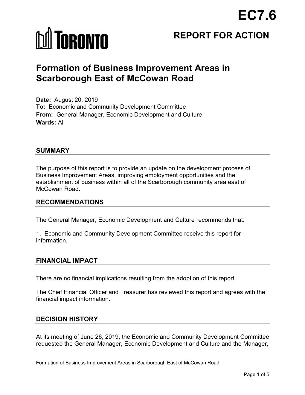 Formation of Business Improvement Areas in Scarborough East of Mccowan Road
