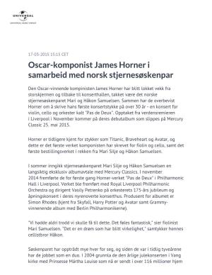Oscar-Komponist James Horner I Samarbeid Med Norsk Stjernesøskenpar