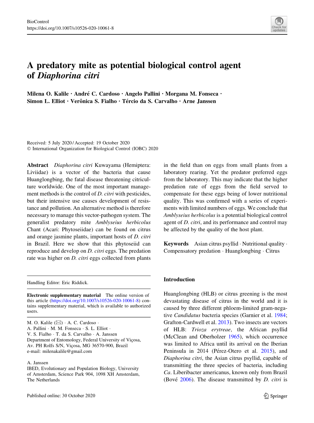 A Predatory Mite As Potential Biological Control Agent of Diaphorina Citri