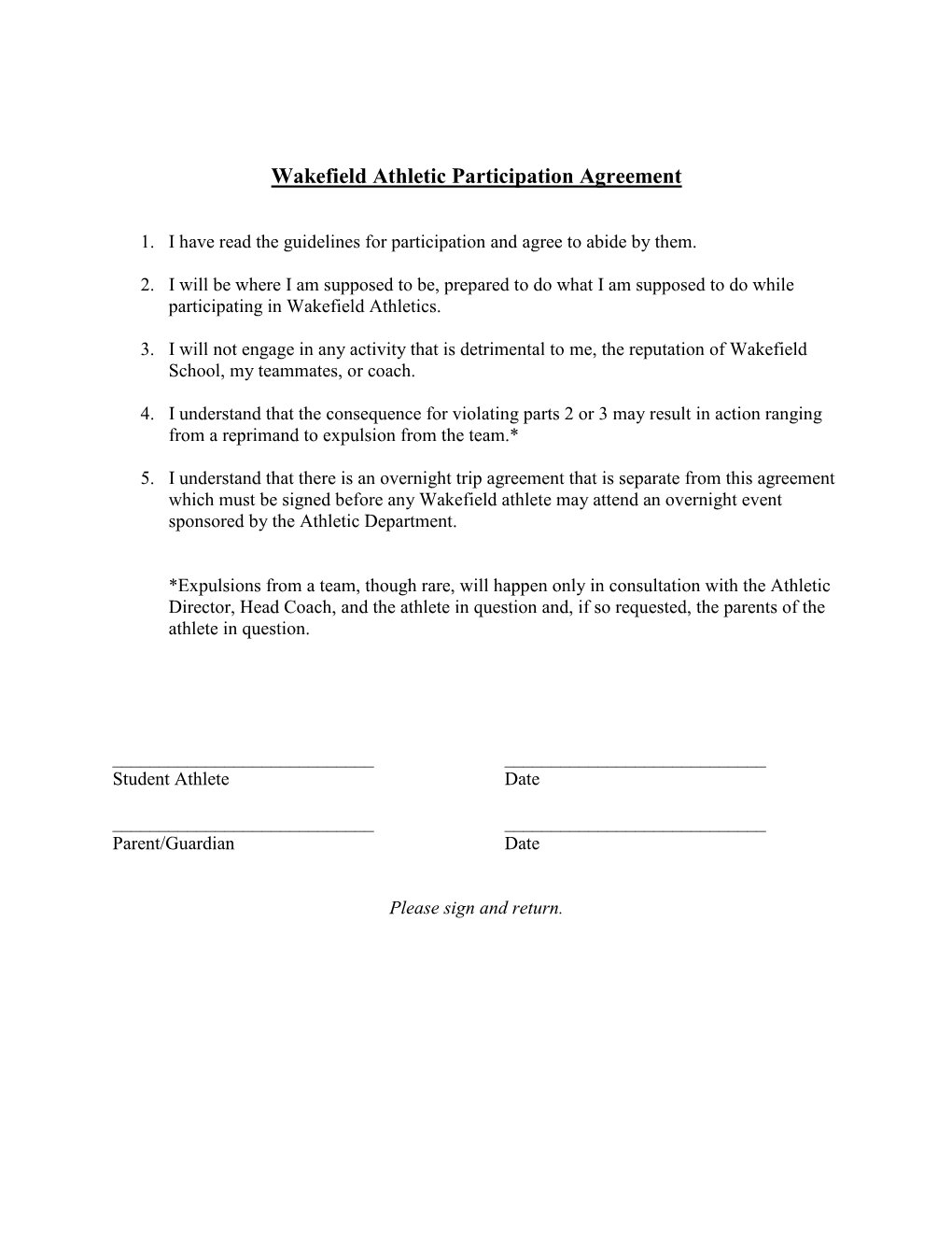 Wakefield Athletic Participation Agreement