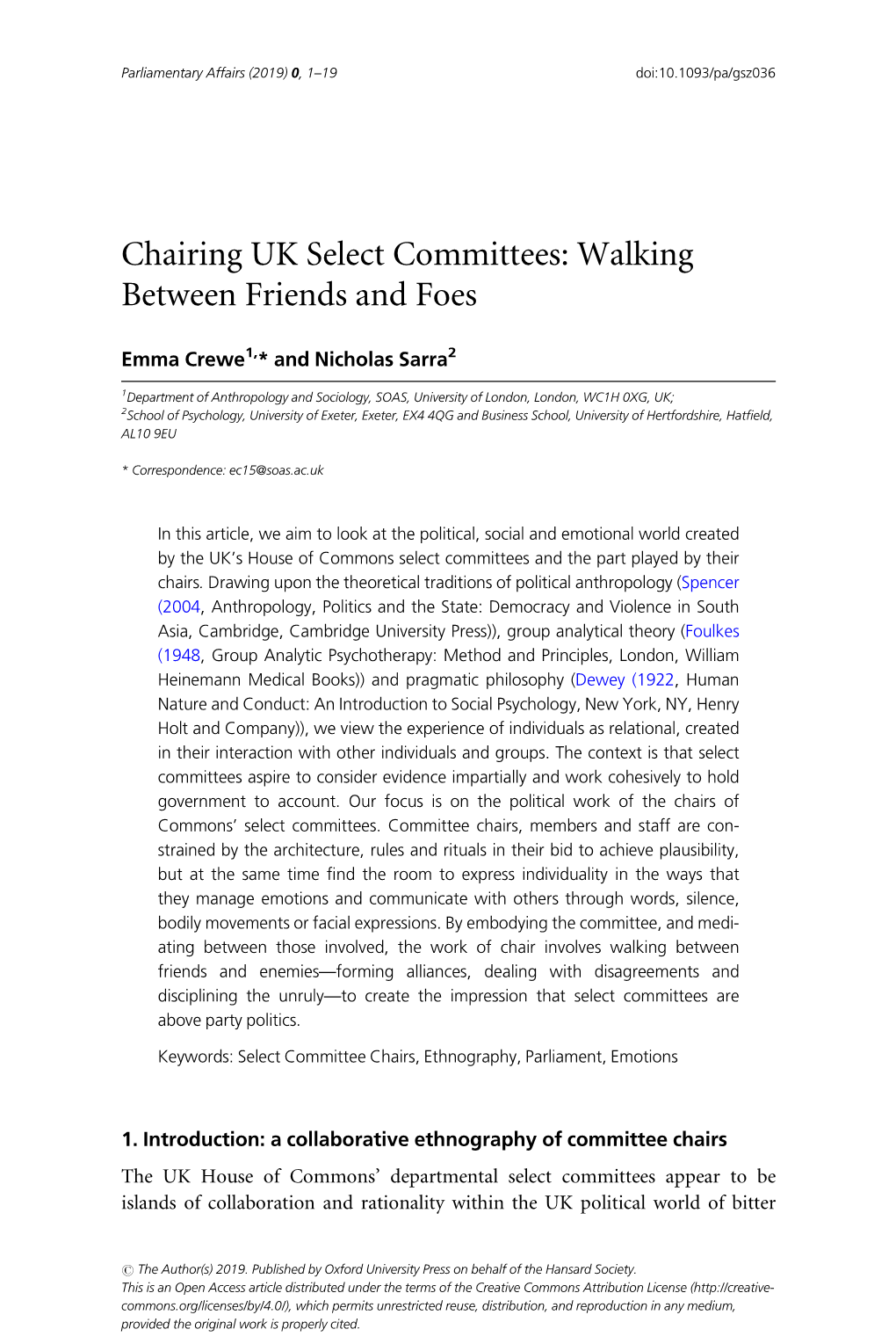 Chairing UK Select Committees: Walking Between Friends and Foes