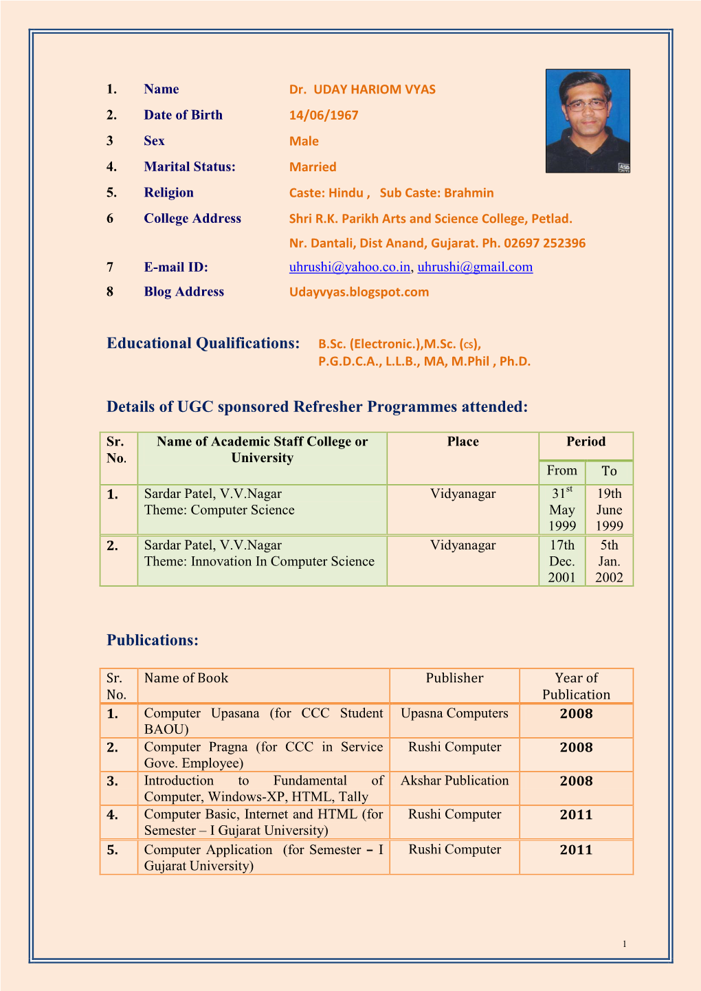 Details of UGC Sponsored Refresher Programmes Attended