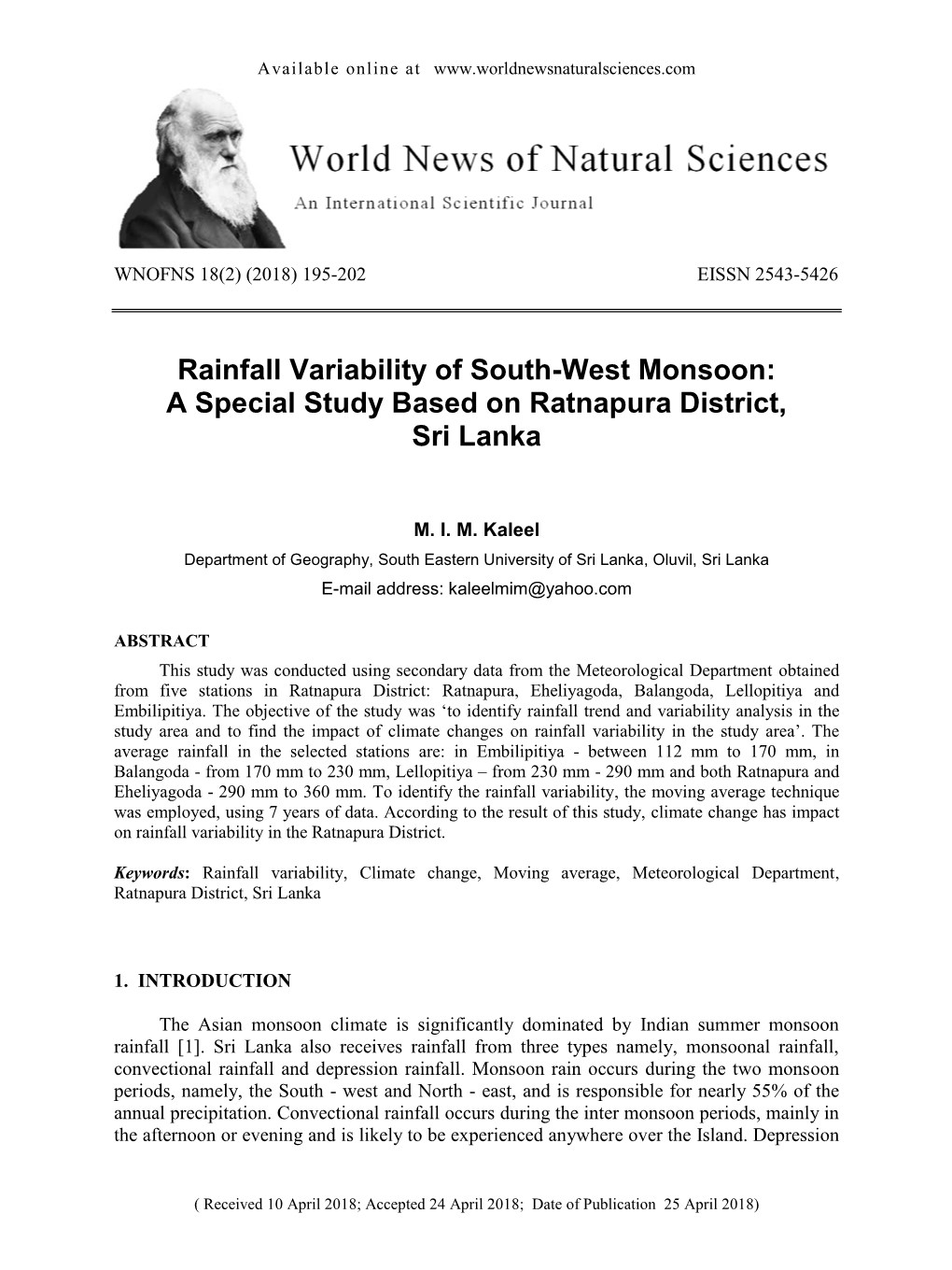 Rainfall Variability of South-West Monsoon: a Special Study Based on Ratnapura District, Sri Lanka