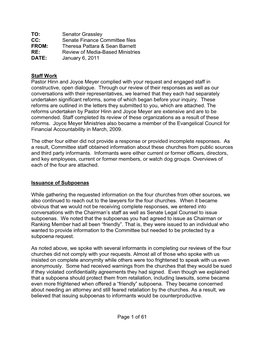 Senator Grassley CC: Senate Finance Committee Files FROM: Theresa Pattara & Sean Barnett RE: Review of Media-Based Ministries DATE: January 6, 2011