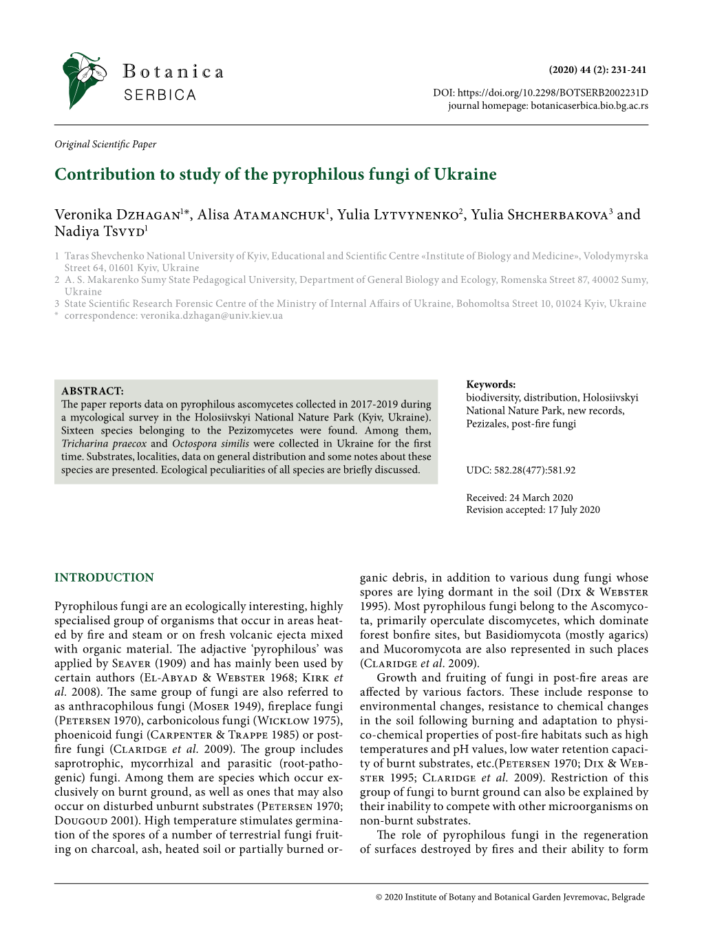 Contribution to Study of the Pyrophilous Fungi of Ukraine