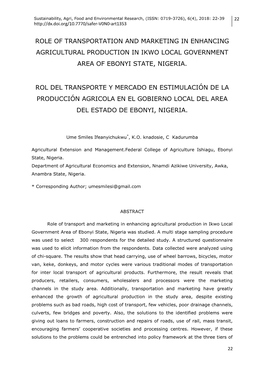 Role of Transportation and Marketing in Enhancing Agricultural Production in Ikwo Local Government Area of Ebonyi State, Nigeria