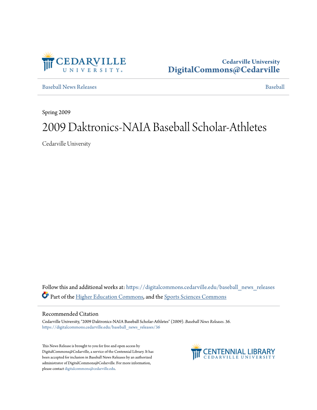 2009 Daktronics-NAIA Baseball Scholar-Athletes Cedarville University