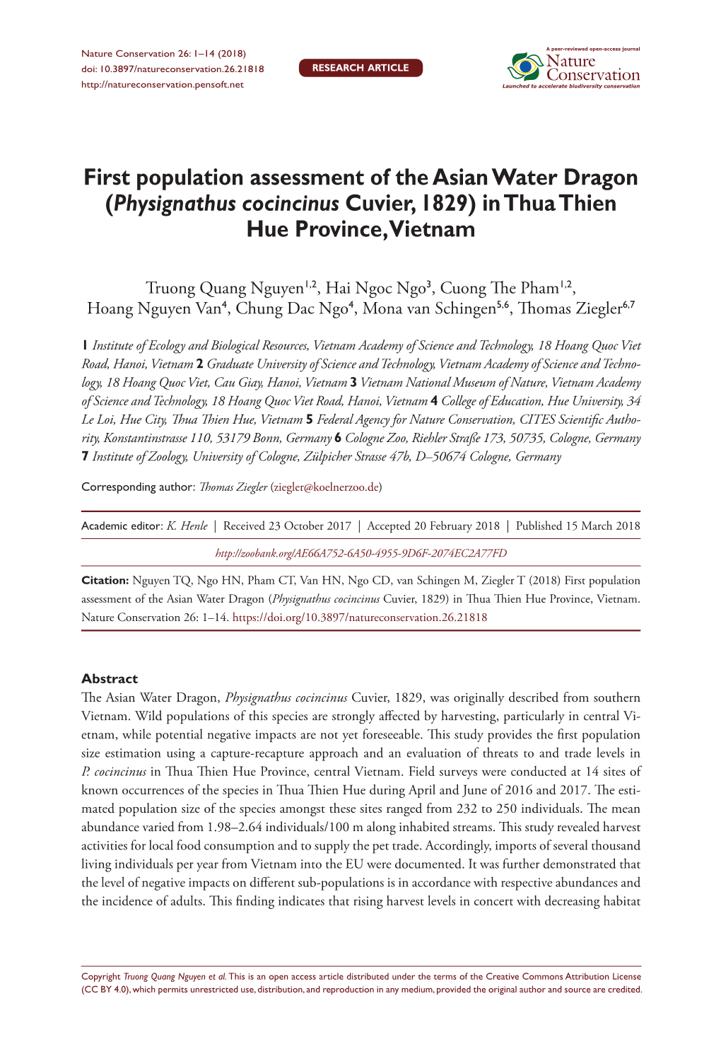 First Population Assessment of the Asian Water Dragon (Physignathus Cocincinus Cuvier, 1829) in Thua Thien Hue Province, Vietnam