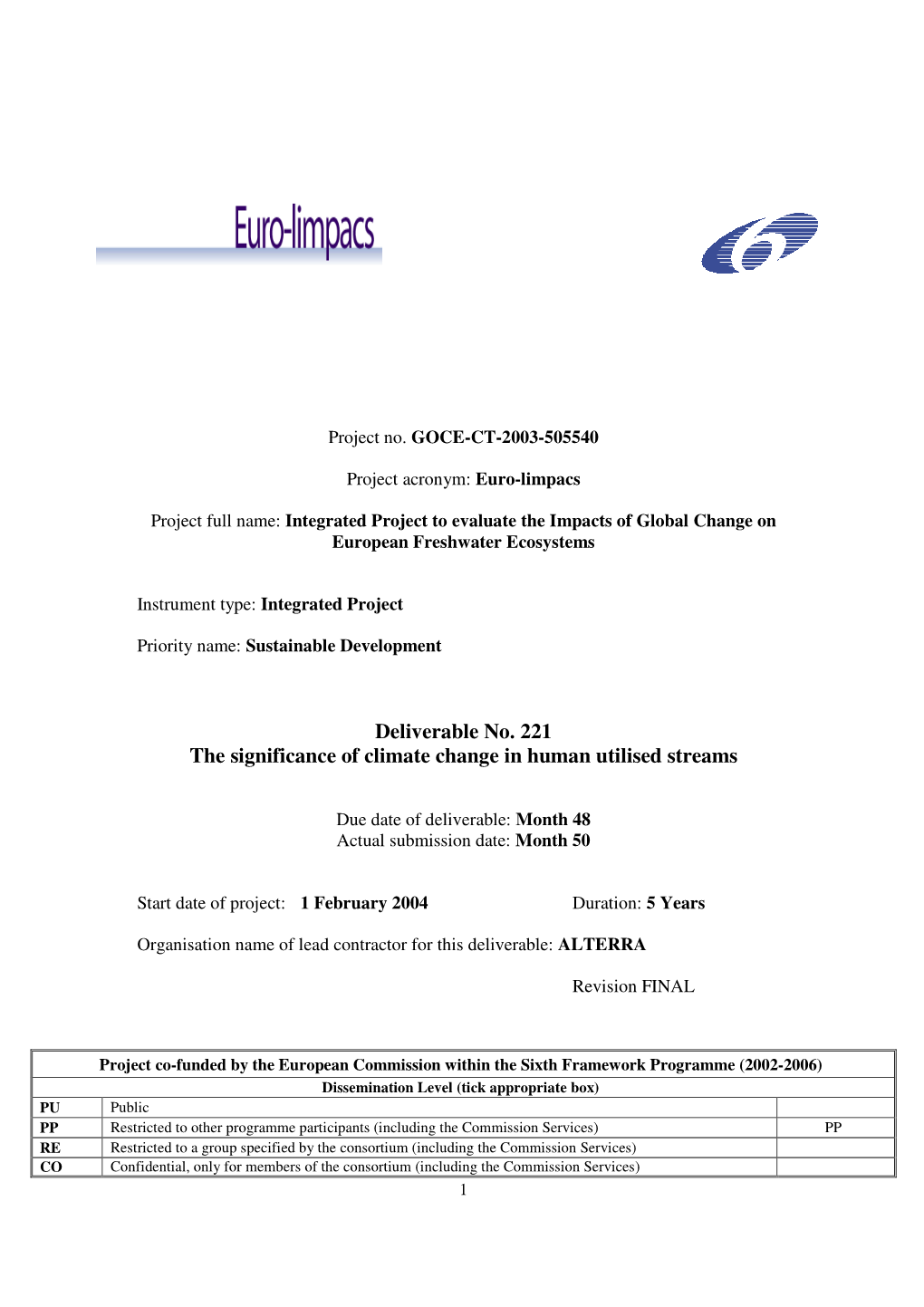 Deliverable No. 221 the Significance of Climate Change in Human Utilised Streams