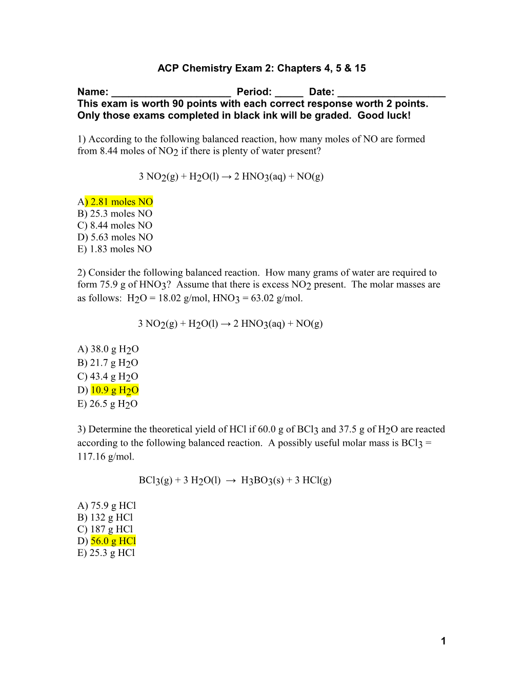 ACP Chemistry Exam 2: Chapters 4, 5 & 15