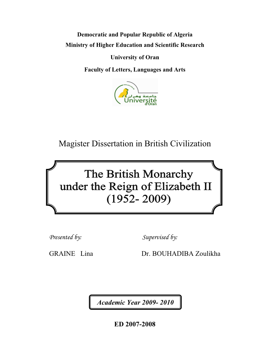 Magister Dissertation in British Civilization