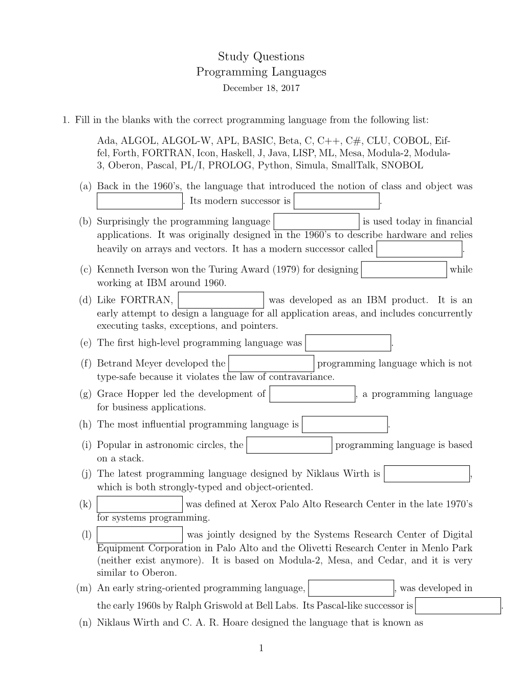 Study Questions Programming Languages December 18, 2017