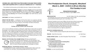 First Presbyterian Church, Annapolis, Maryland March 1, 2020 – 8:30