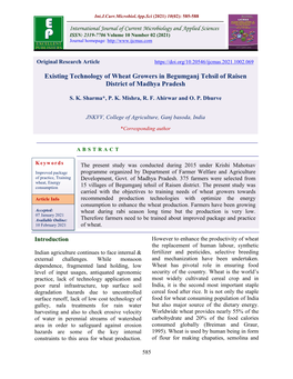 Existing Technology of Wheat Growers in Begumganj Tehsil of Raisen District of Madhya Pradesh