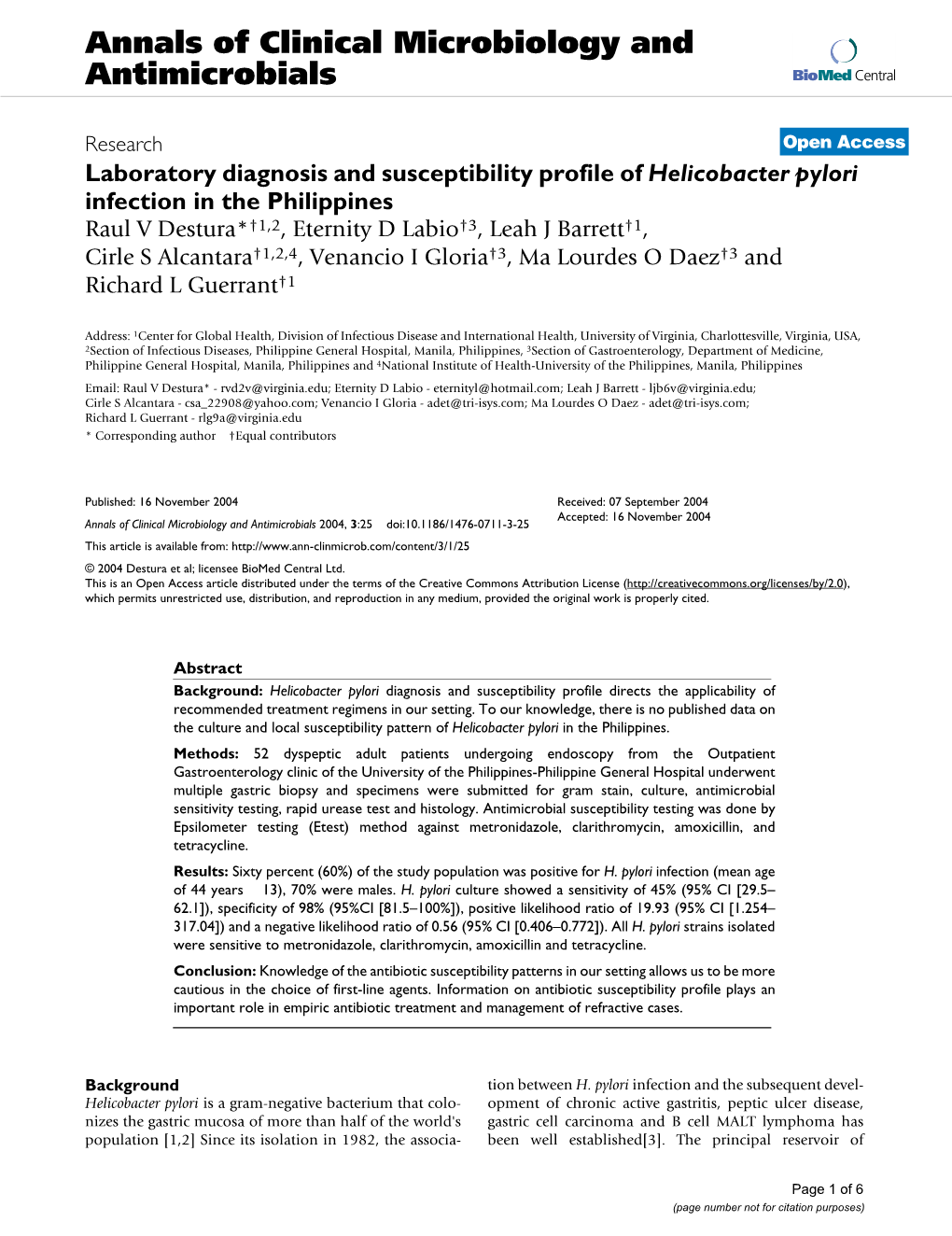 Laboratory Diagnosis and Susceptibility Profile of Helicobacter