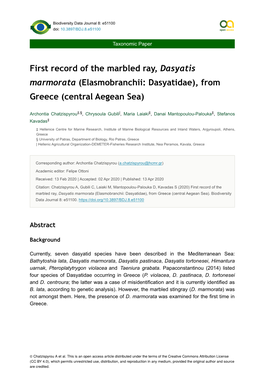 First Record of the Marbled Ray, Dasyatis Marmorata (Elasmobranchii: Dasyatidae), from Greece (Central Aegean Sea)