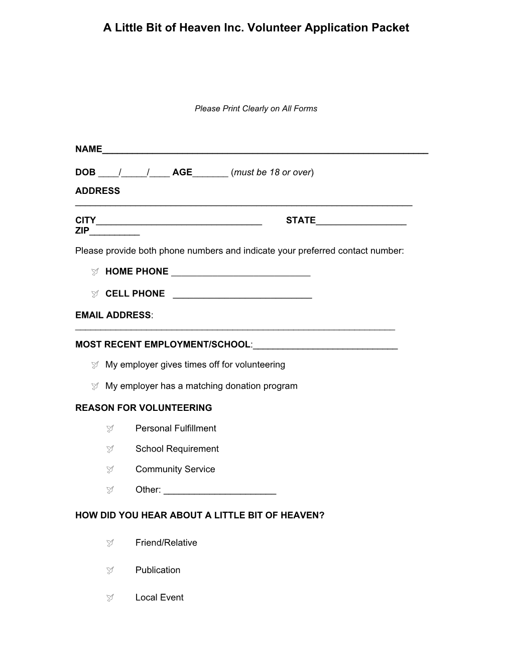 A Little Bit of Heaven Inc. Volunteer Application Packet