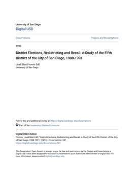 District Elections, Redistricting and Recall: a Study of the Fifth District of the City of San Diego, 1988-1991