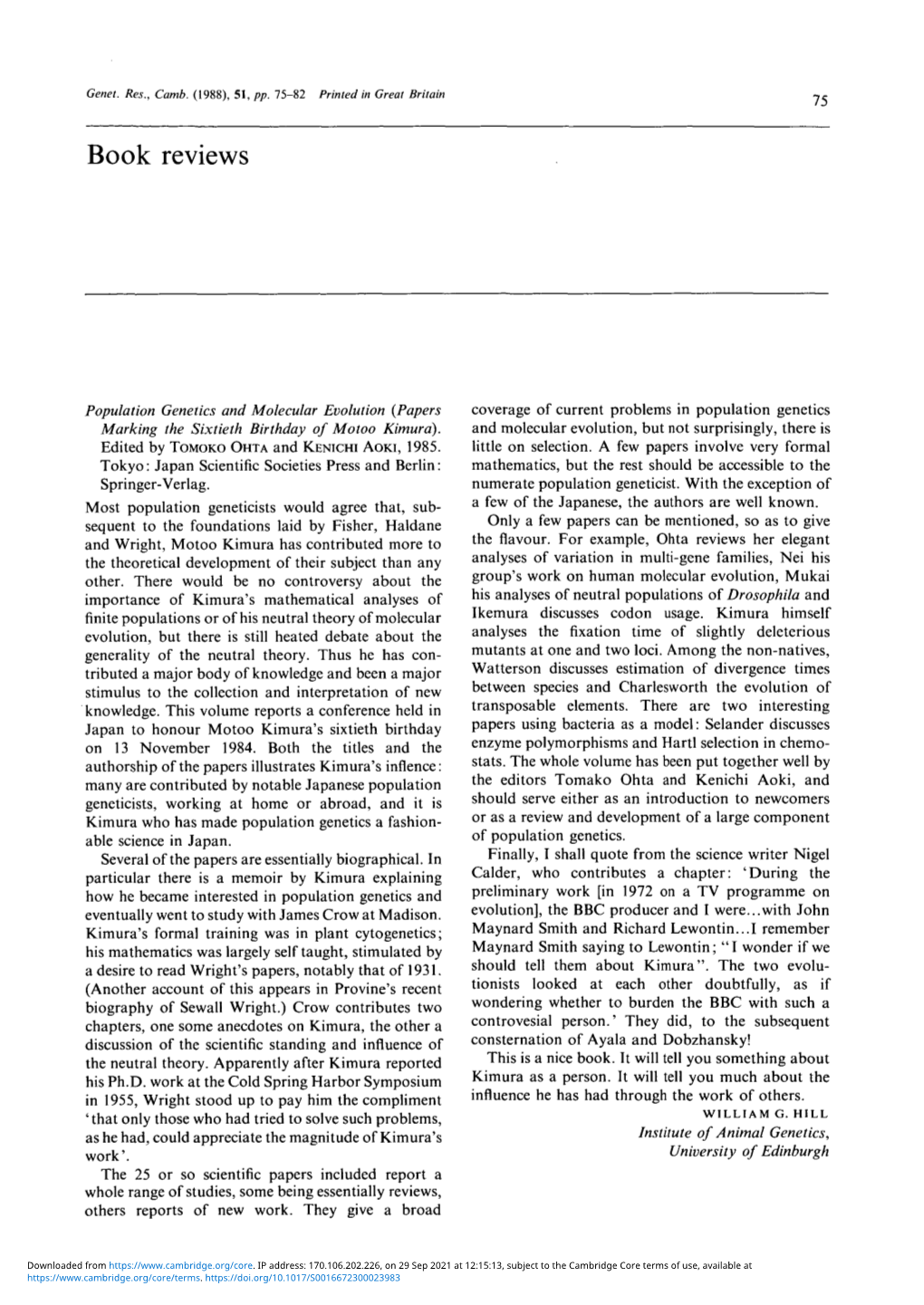 Population Genetics and Molecular Evolution (Papers Marking the Sixtieth Birthday of Motoo Kimura). Edited by Ohta Tomoko and Ao