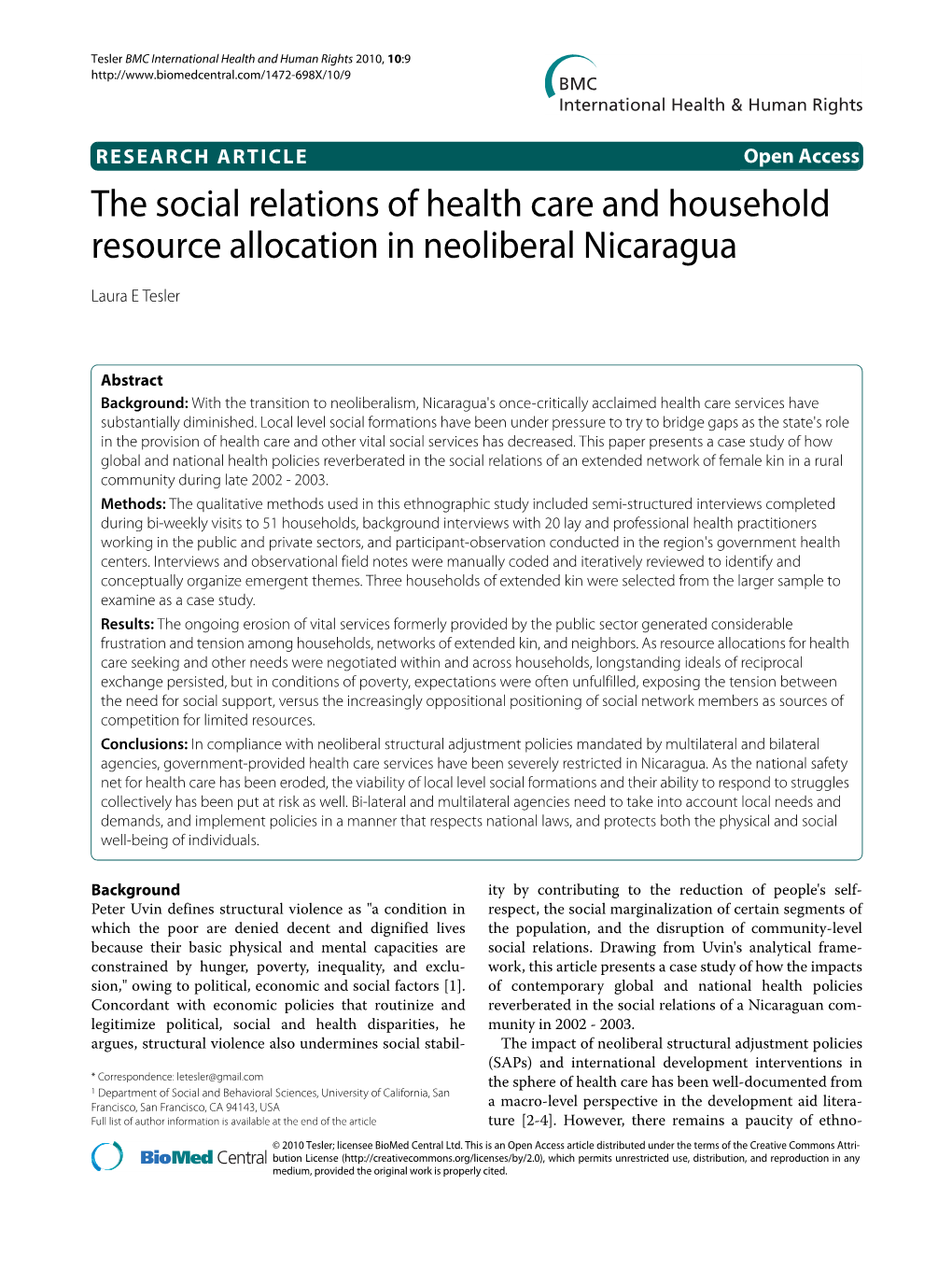 The Social Relations of Health Care and Household Resource Allocation in Neoliberal Nicaragua BMC International Health and Human Rights 2010, 10:9