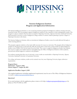 Summer Indigenous Institute Program and Application Information