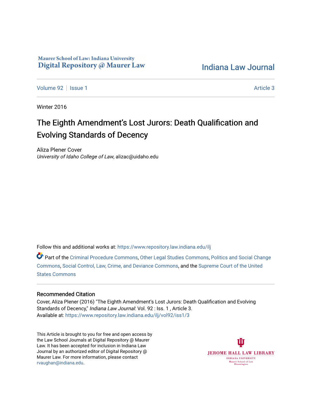 The Eighth Amendment's Lost Jurors: Death Qualification and Evolving Standards of Decency