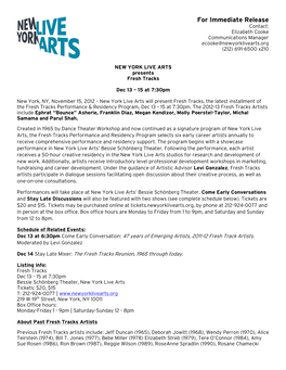 For Immediate Release Contact: Elizabeth Cooke Communications Manager Ecooke@Newyorklivearts.Org (212) 691-6500 X210