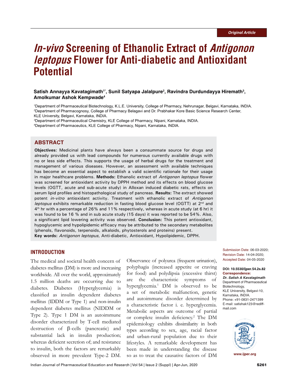 In-Vivo Screening of Ethanolic Extract of Antigonon Leptopus Flower for Anti-Diabetic and Antioxidant Potential