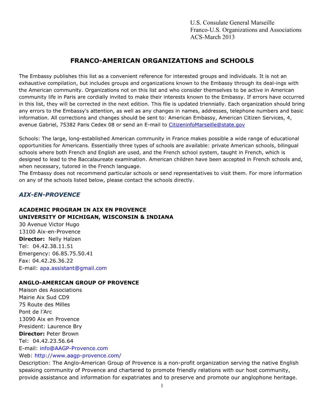 U.S. Consulate General Marseille Franco-U.S. Organizations and Associations ACS-March 2013