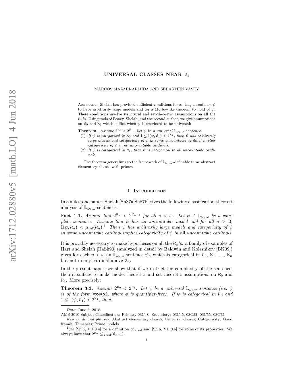 Arxiv:1712.02880V5 [Math.LO] 4 Jun 2018 Lt Etne Suethat Assume Sentence