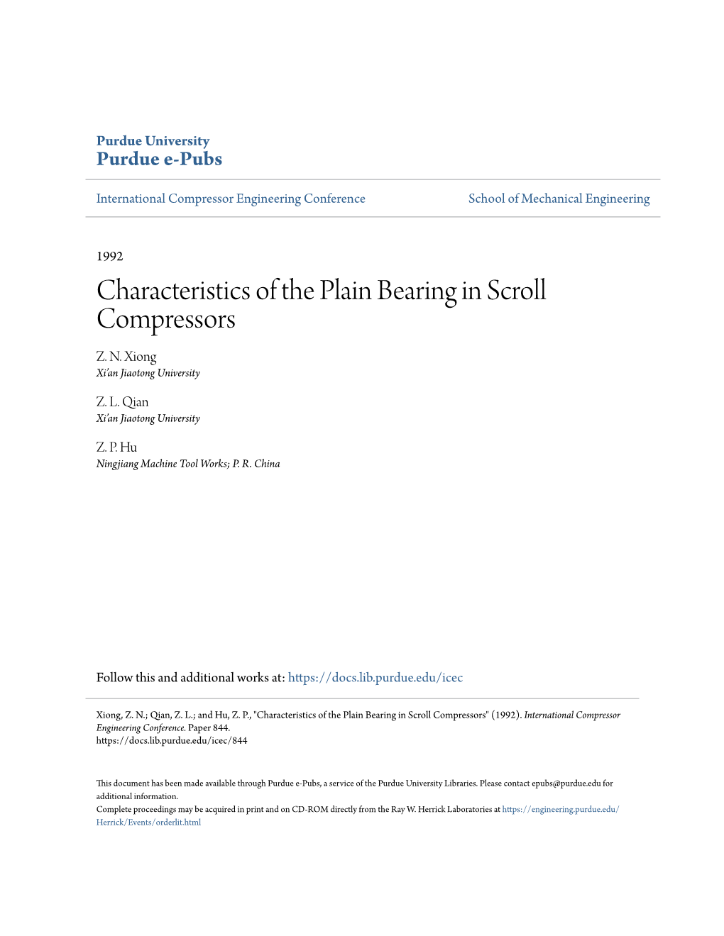 Characteristics of the Plain Bearing in Scroll Compressors Z