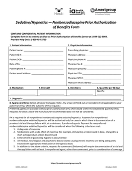 Sedative/Hypnotics — Nonbenzodiazepine Prior Authorization of Benefits Form
