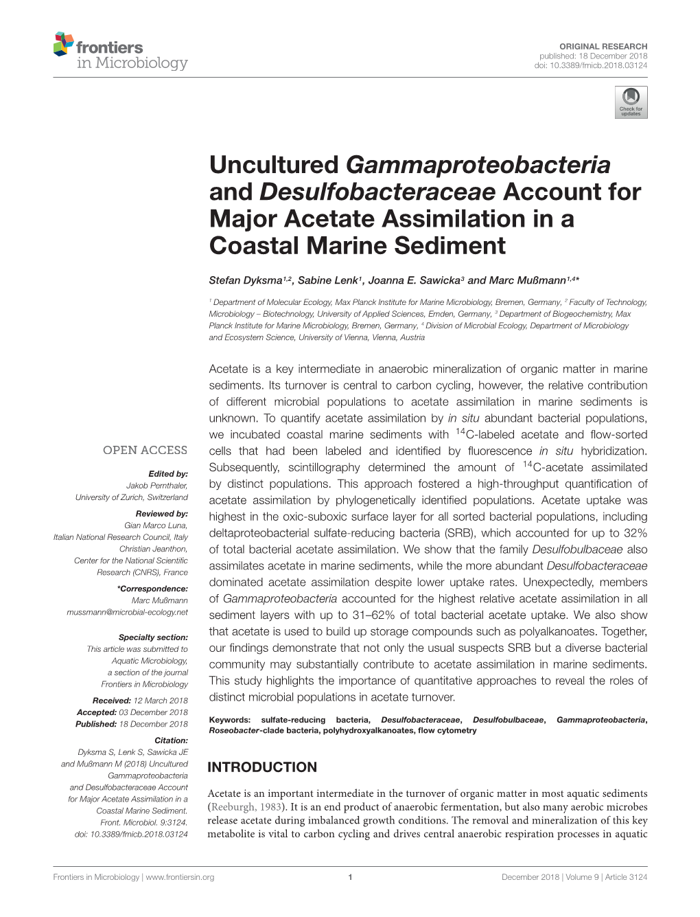 Uncultured Gammaproteobacteria and Desulfobacteraceae Account for Major Acetate Assimilation in a Coastal Marine Sediment