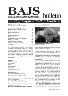 BAJS Bulletin 2012: Contents in Memoriam Raphael Loewe