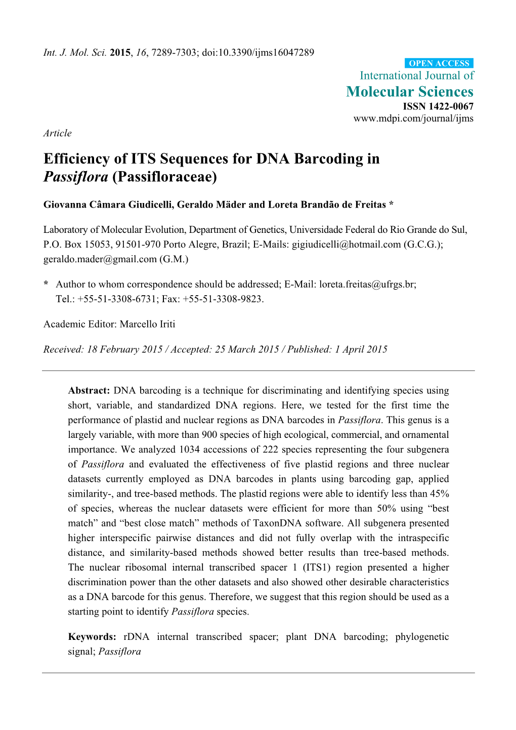 Efficiency of ITS Sequences for DNA Barcoding in Passiflora (Passifloraceae)